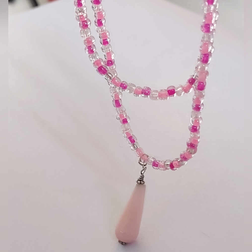 Natural Rose Quartz Teardrop Pendant On Pink Beaded Necklace